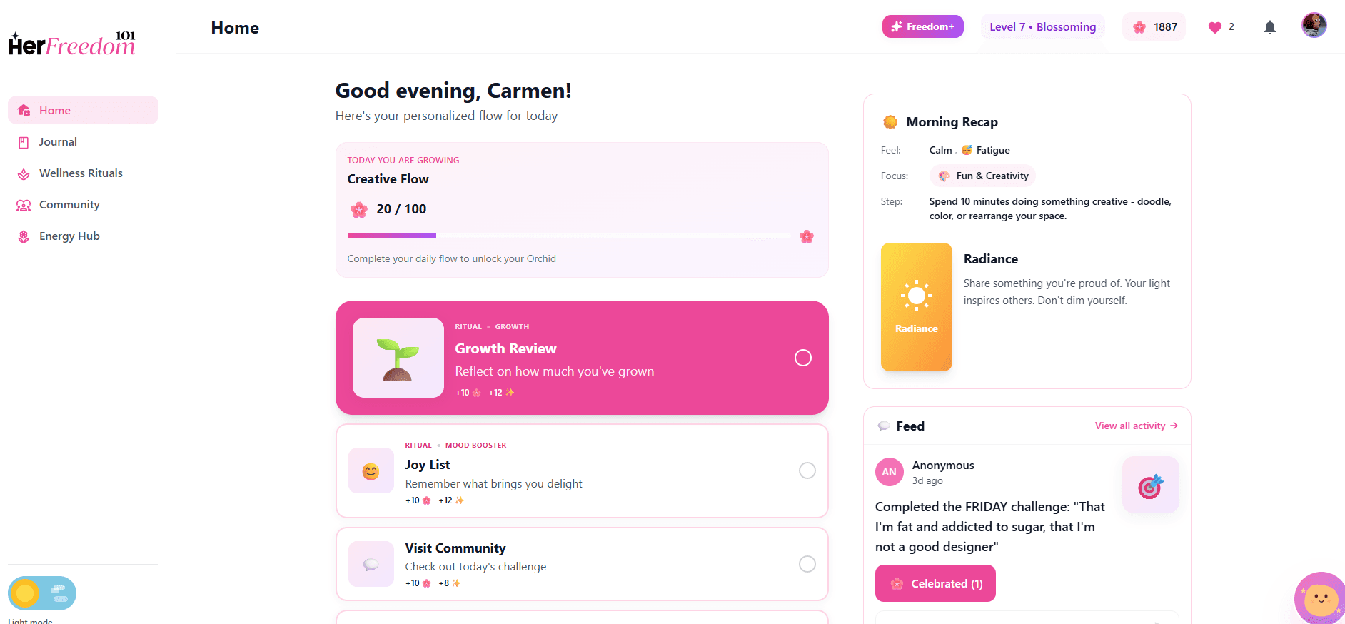 HerFreedom101 home dashboard on desktop